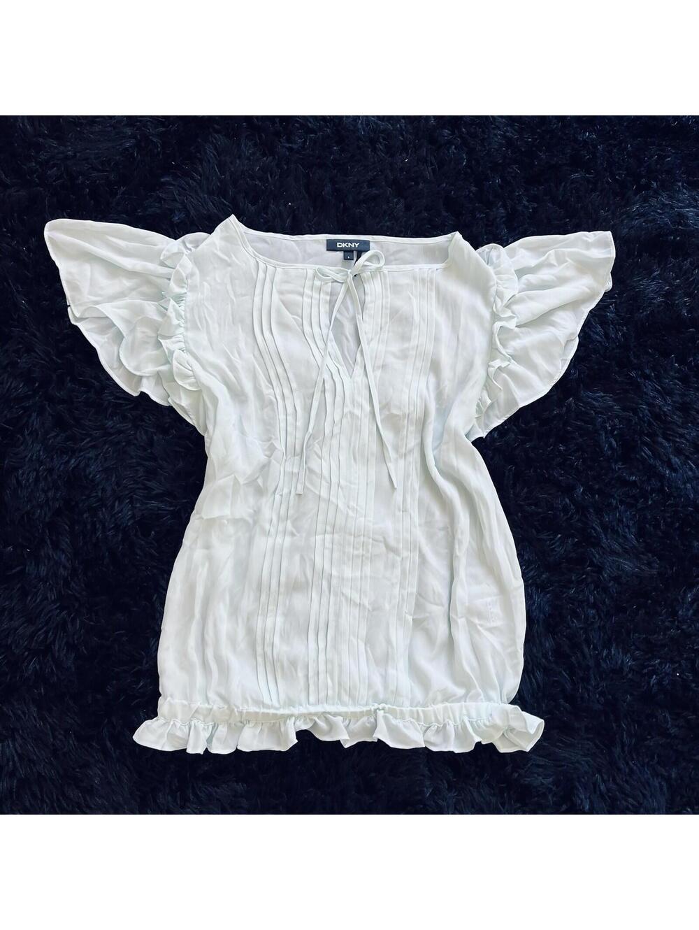 DKNY Coquette Pintuck Pleat Flutter Sleeve Blouse Blue Boho Ruffle Top Large